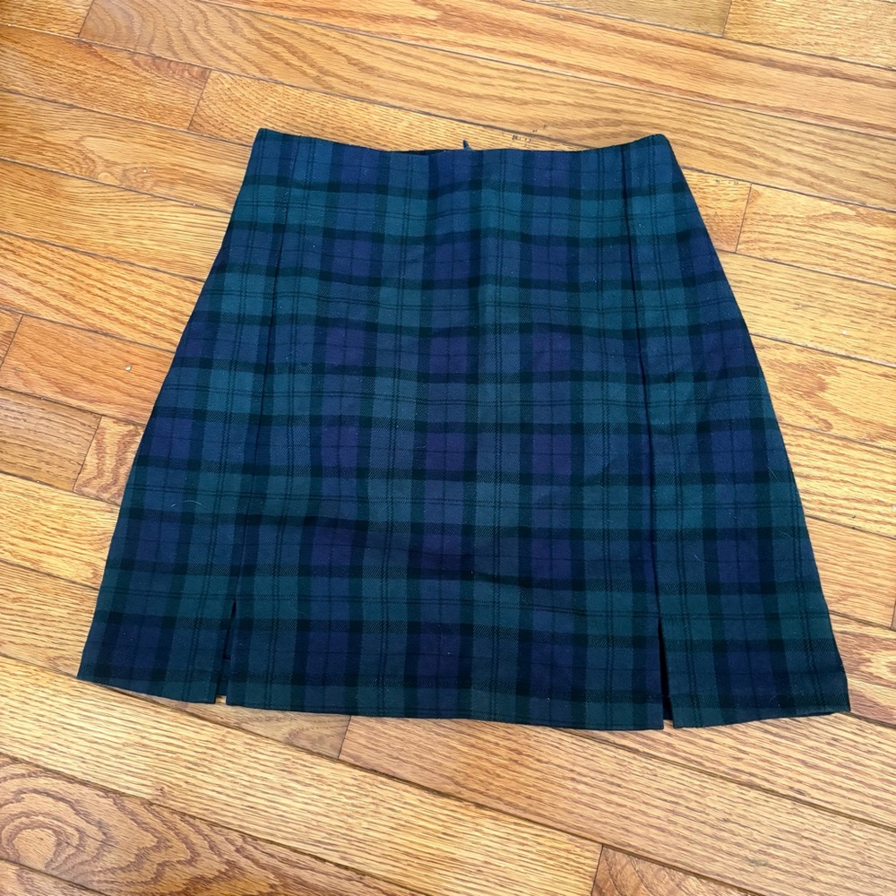 Brandy Melville blue and green plaid double front slit mini skirt